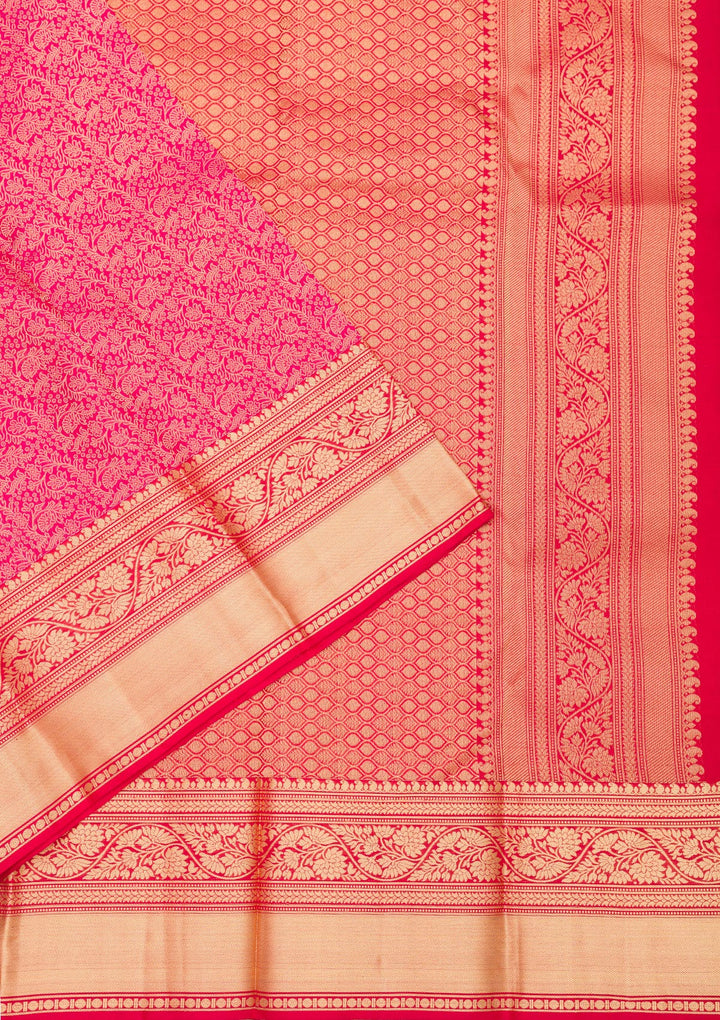 Rani Pink Silk Jaal Gold Zariwork Saree With Matching Blouse Piece
