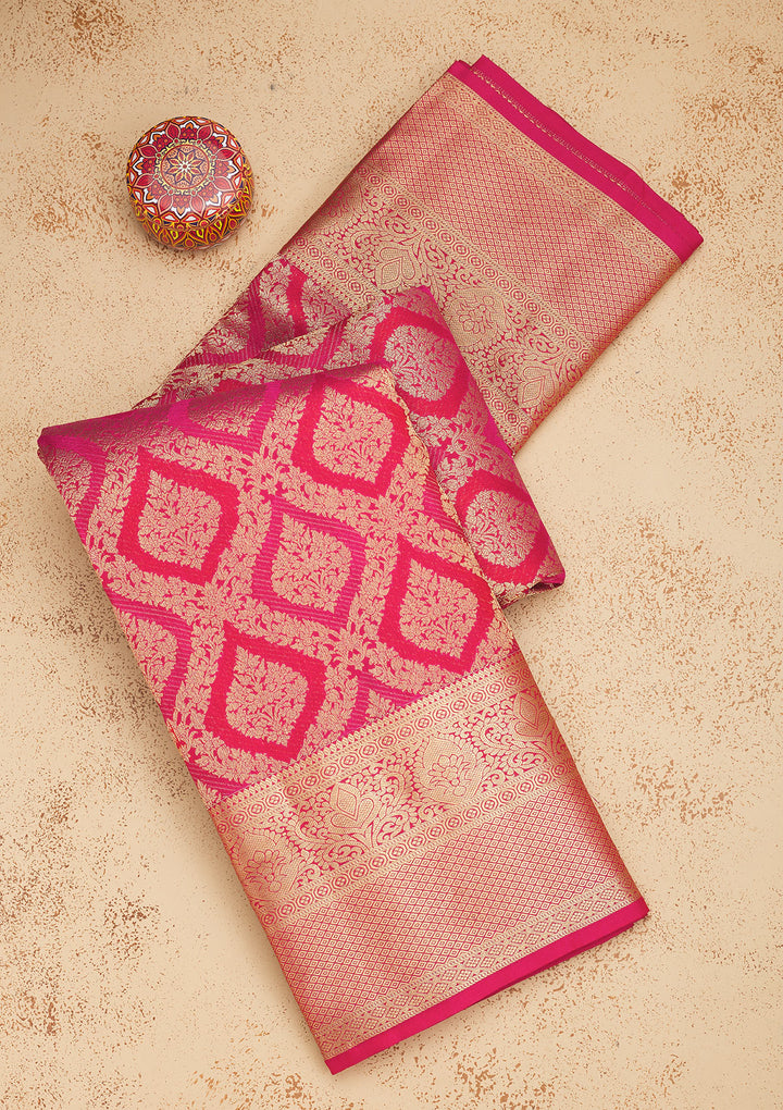 Rani Pink Pure Silk Jaal Gold Zariwork Saree With Matching Blouse Piece