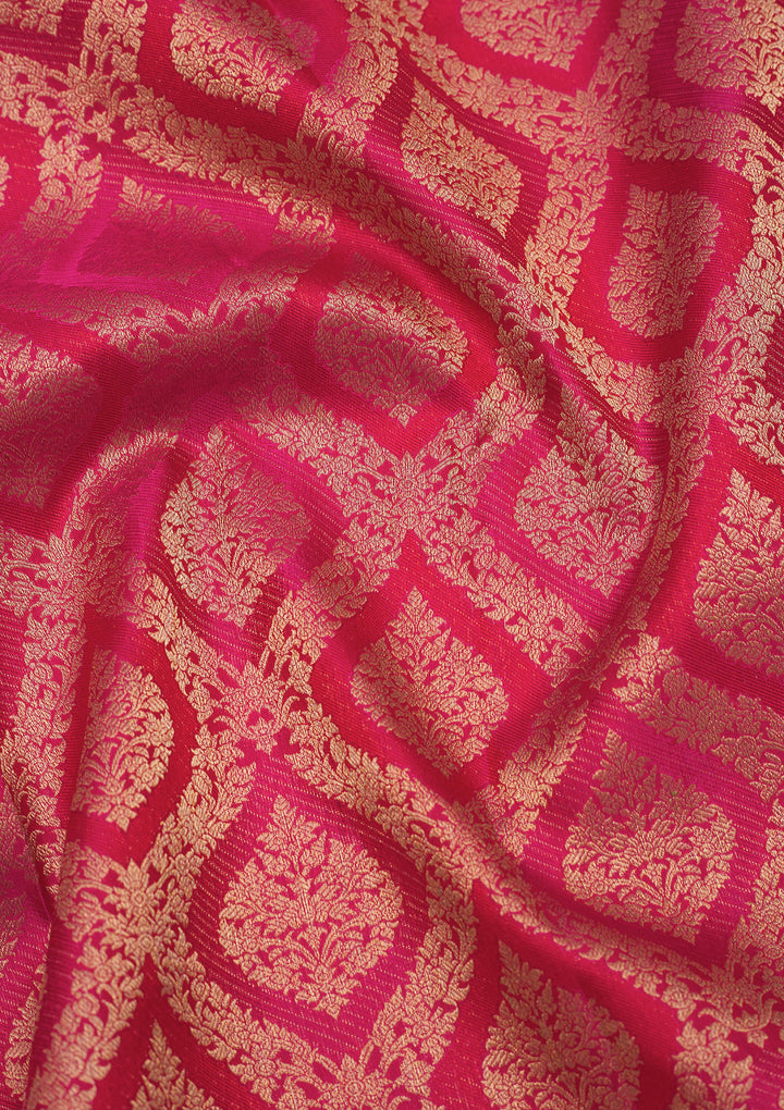 Rani Pink Pure Silk Jaal Gold Zariwork Saree With Matching Blouse Piece