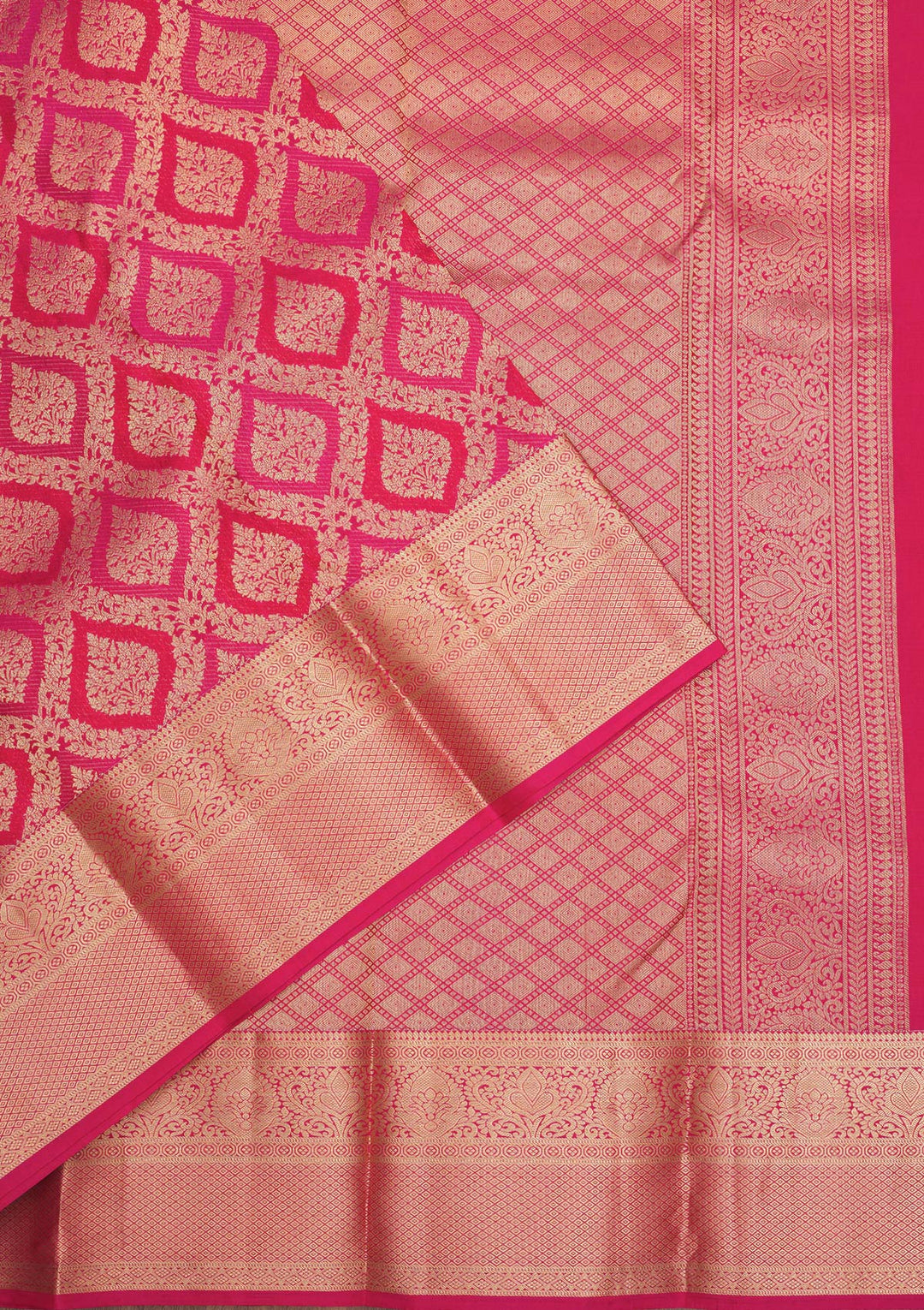 Rani Pink Pure Silk Jaal Gold Zariwork Saree With Matching Blouse Piece