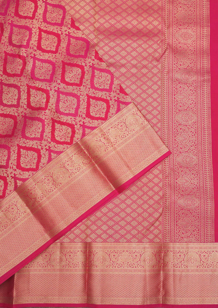 Rani Pink Pure Silk Jaal Gold Zariwork Saree With Matching Blouse Piece