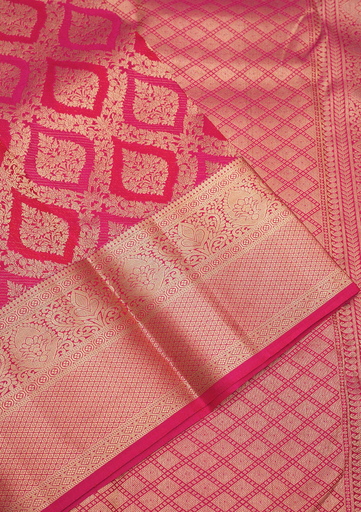 Rani Pink Pure Silk Jaal Gold Zariwork Saree With Matching Blouse Piece