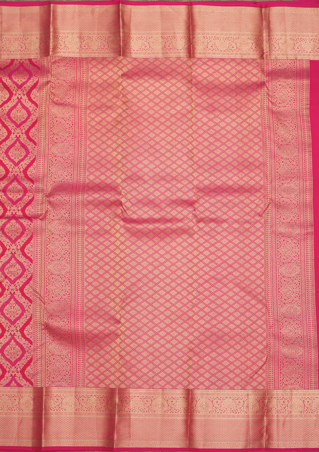 Rani Pink Pure Silk Jaal Gold Zariwork Saree With Matching Blouse Piece