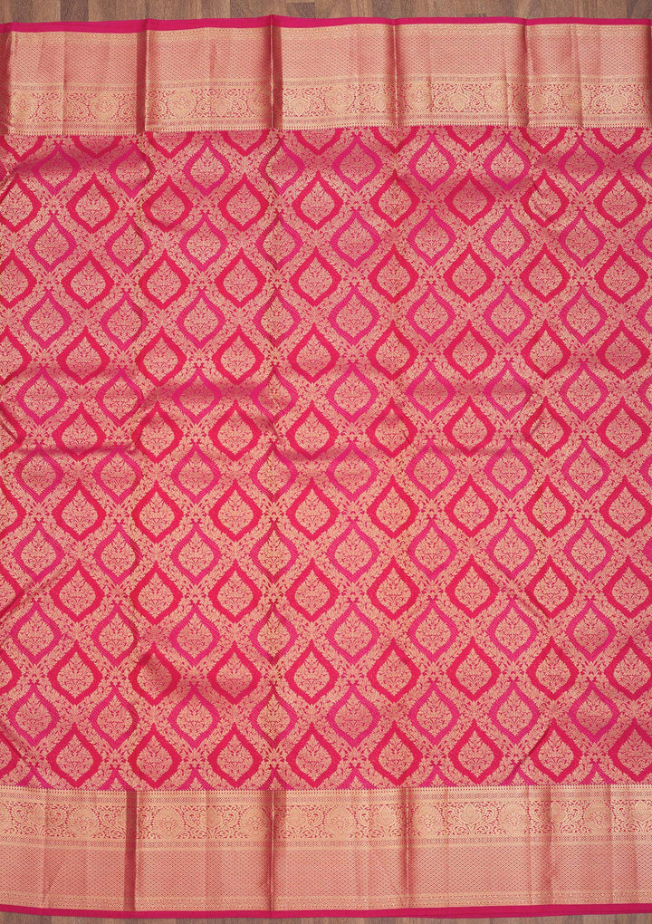 Rani Pink Pure Silk Jaal Gold Zariwork Saree With Matching Blouse Piece