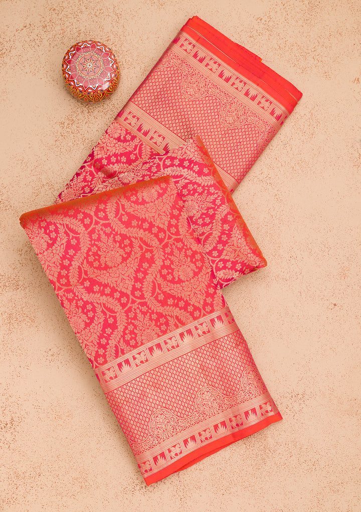 Rani Pink Pure Silk Jaal Zariwork Saree With Matching Blouse Piece