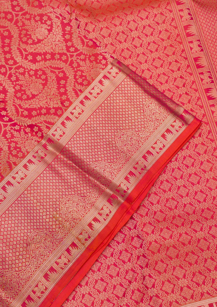 Rani Pink Pure Silk Jaal Zariwork Saree With Matching Blouse Piece