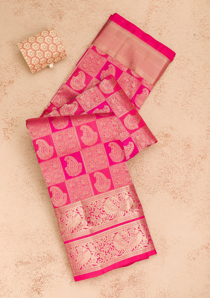 Rani Pink Pure Silk Jaal Silver Zariwork Saree With Matching Blouse Piece