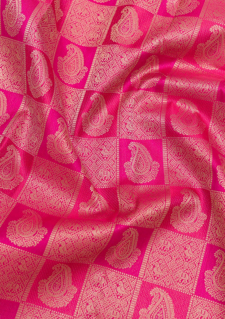 Rani Pink Pure Silk Jaal Silver Zariwork Saree With Matching Blouse Piece