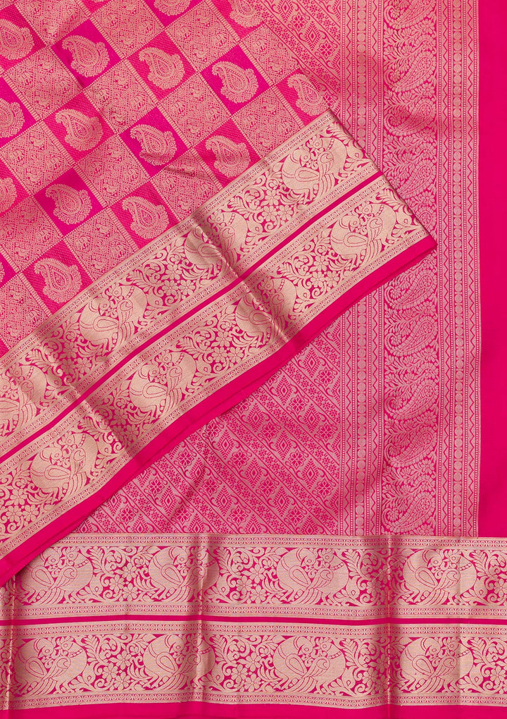 Rani Pink Pure Silk Jaal Silver Zariwork Saree With Matching Blouse Piece