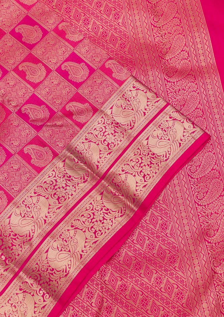 Rani Pink Pure Silk Jaal Silver Zariwork Saree With Matching Blouse Piece