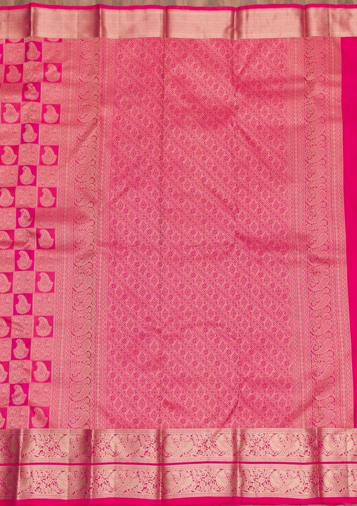 Rani Pink Pure Silk Jaal Silver Zariwork Saree With Matching Blouse Piece