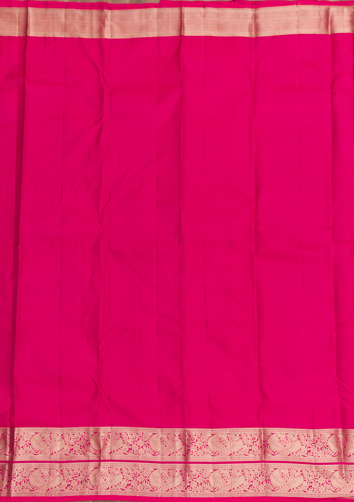 Rani Pink Pure Silk Jaal Silver Zariwork Saree With Matching Blouse Piece