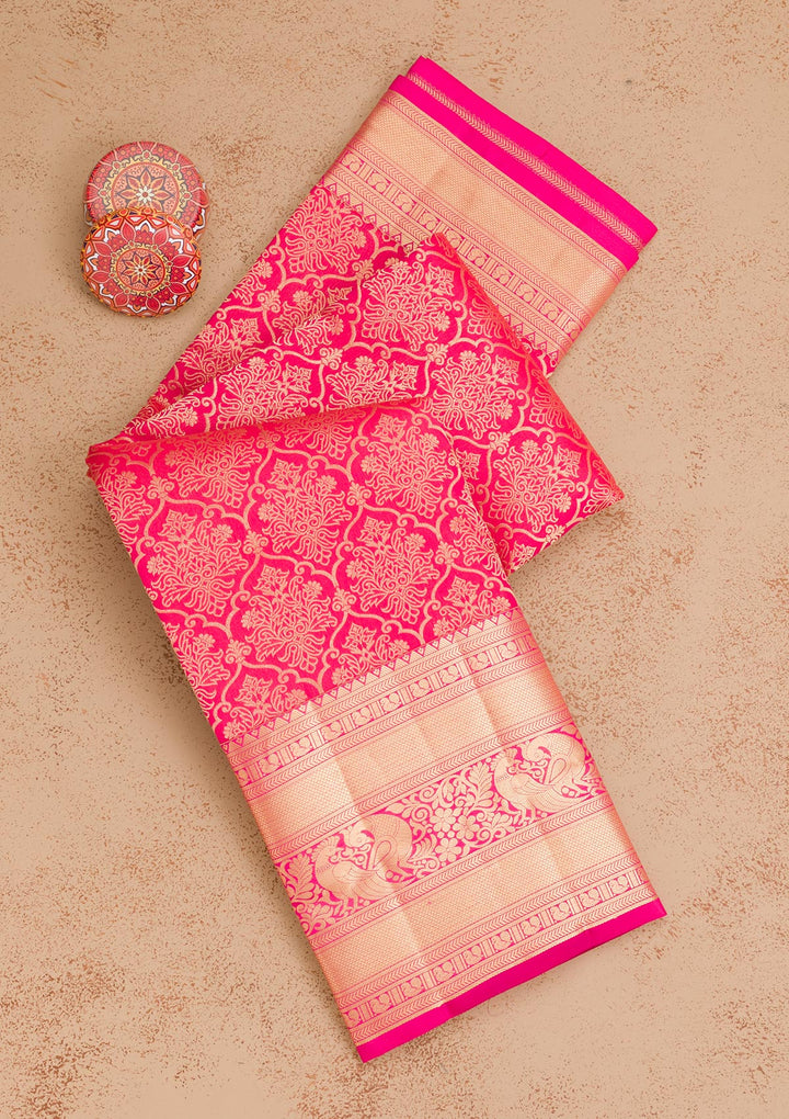 Rani Pink Silk Jaal Gold Zariwork Saree With Matching Blouse Piece