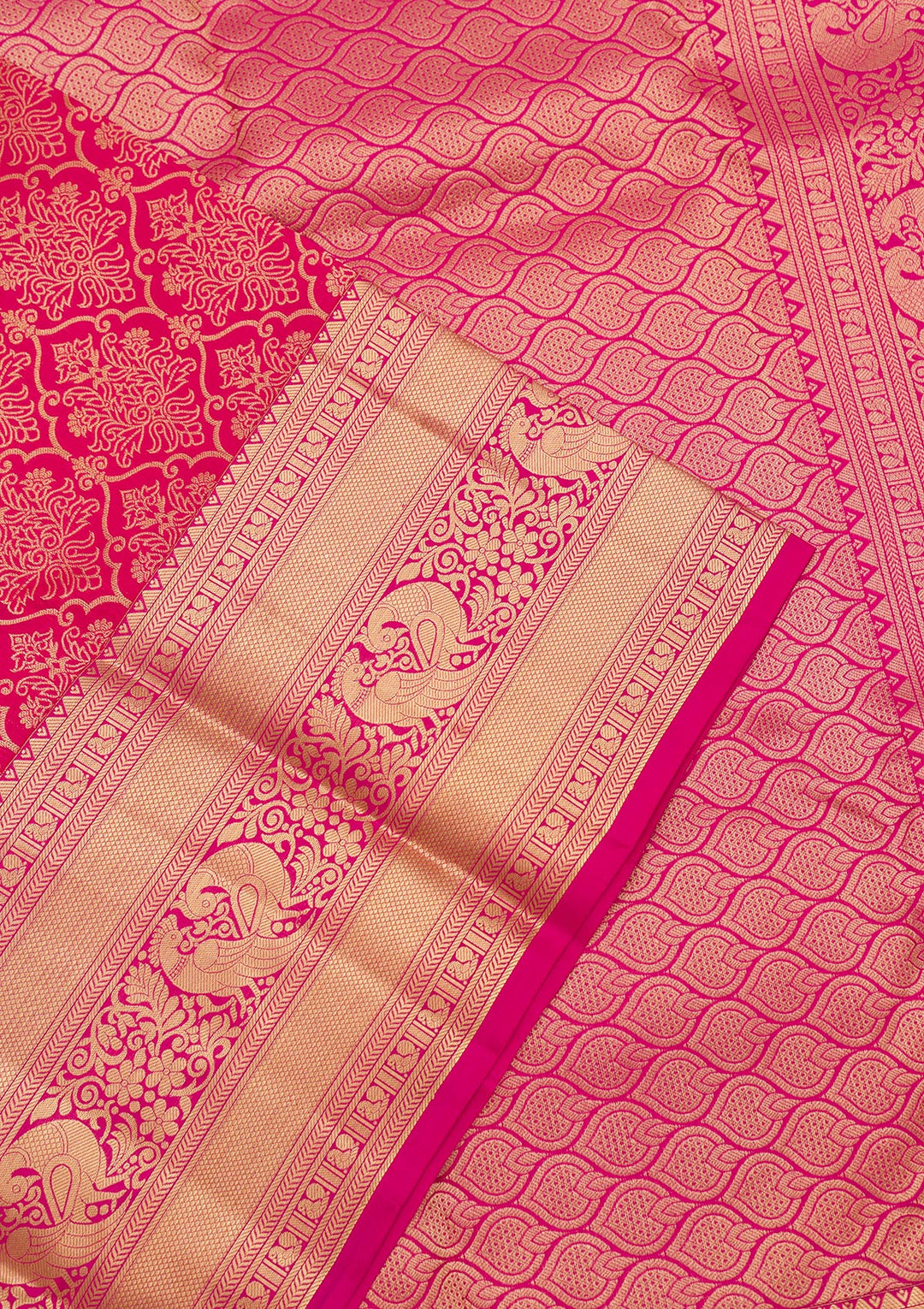 Rani Pink Silk Jaal Gold Zariwork Saree With Matching Blouse Piece