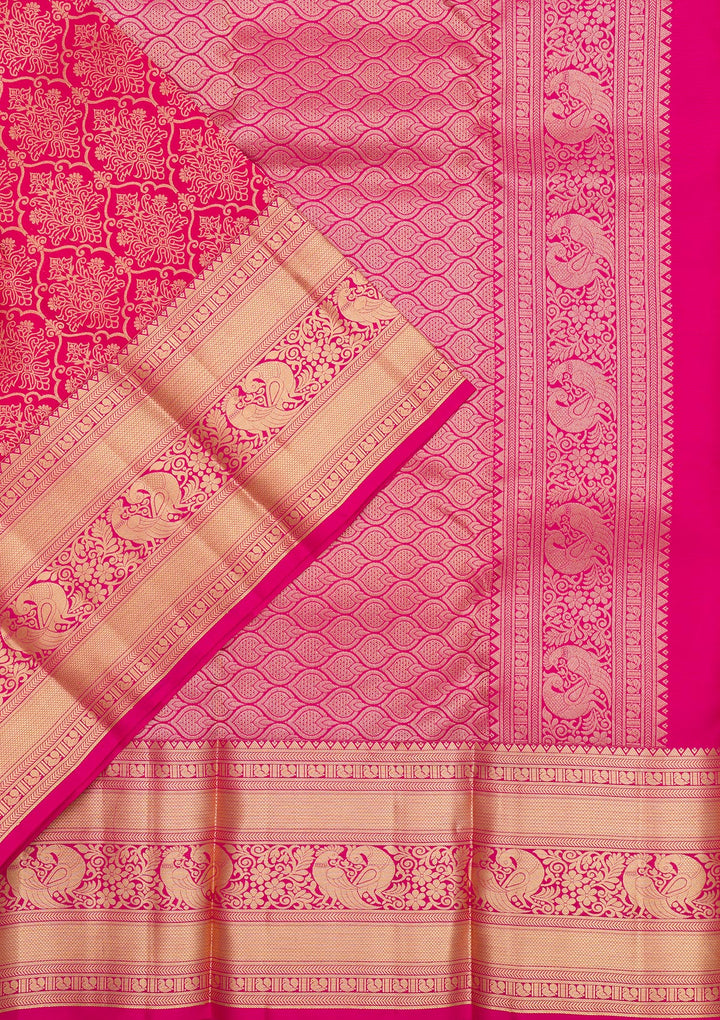 Rani Pink Silk Jaal Gold Zariwork Saree With Matching Blouse Piece