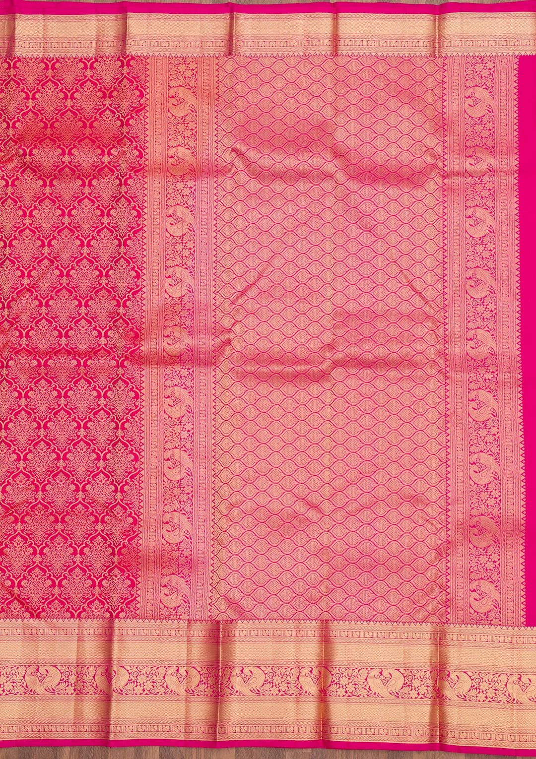 Rani Pink Silk Jaal Gold Zariwork Saree With Matching Blouse Piece