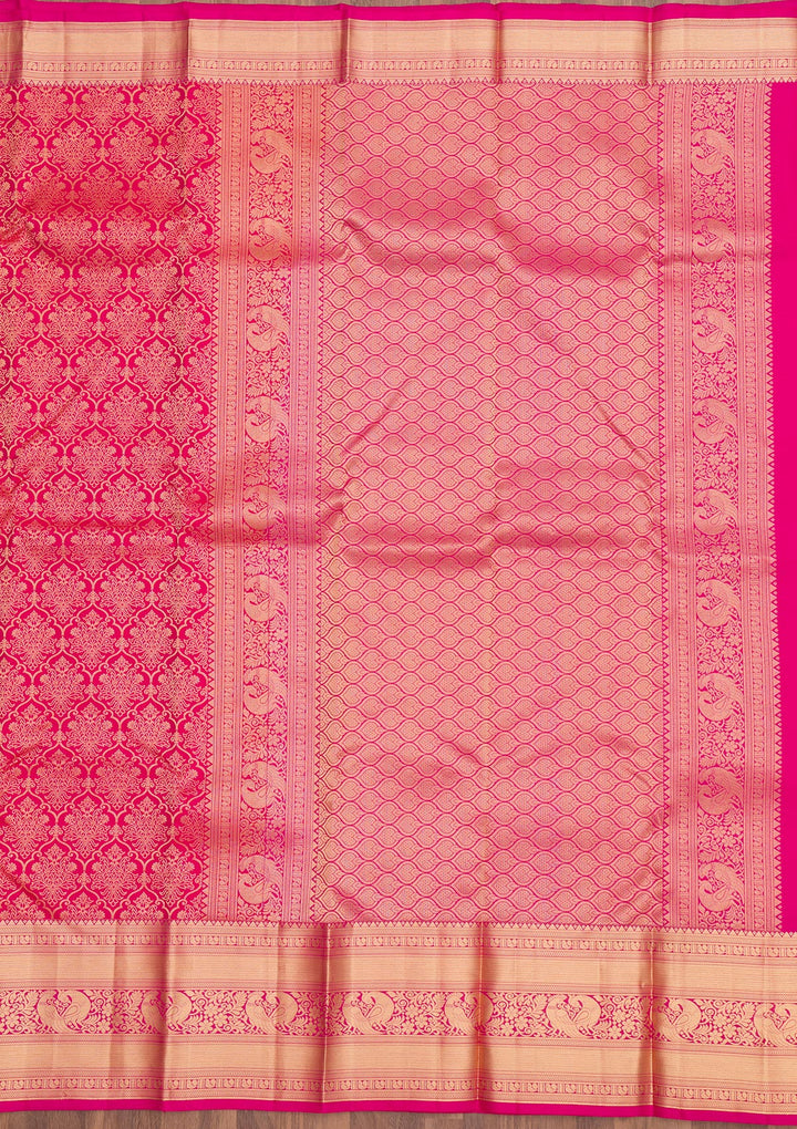 Rani Pink Silk Jaal Gold Zariwork Saree With Matching Blouse Piece