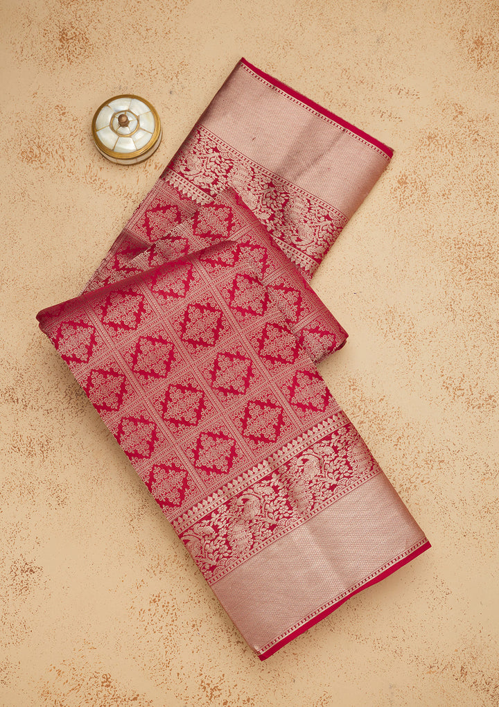 Rani Pink Pure Silk Jaal Zariwork Saree With Matching Blouse Piece