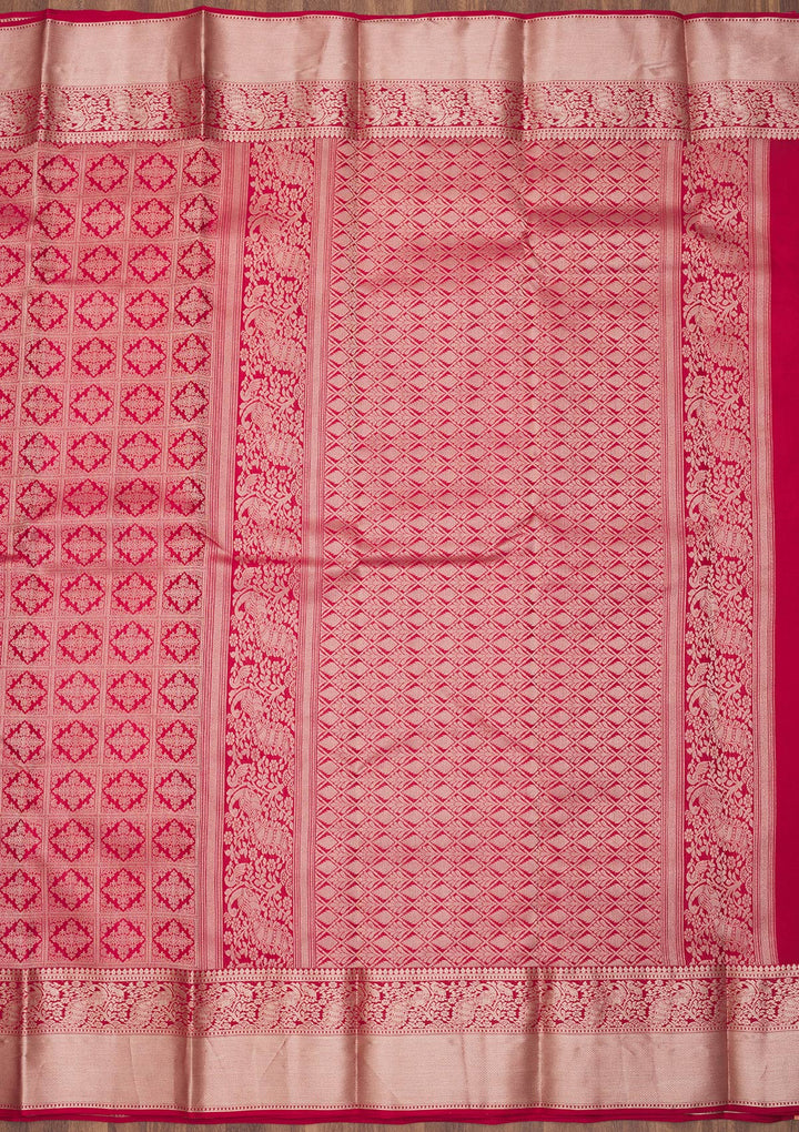 Rani Pink Pure Silk Jaal Zariwork Saree With Matching Blouse Piece