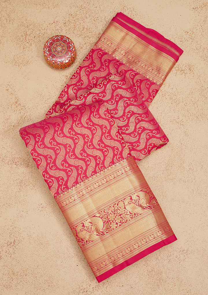 Rani Pink Silk Jaal Gold Zariwork Saree With Matching Blouse Piece