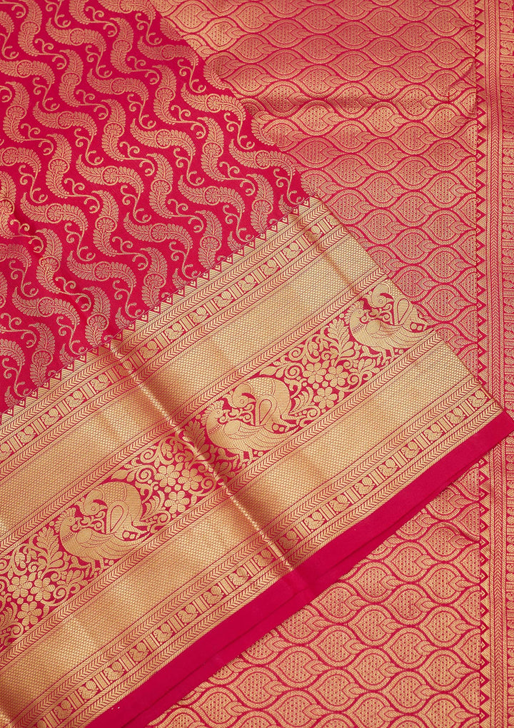 Rani Pink Silk Jaal Gold Zariwork Saree With Matching Blouse Piece