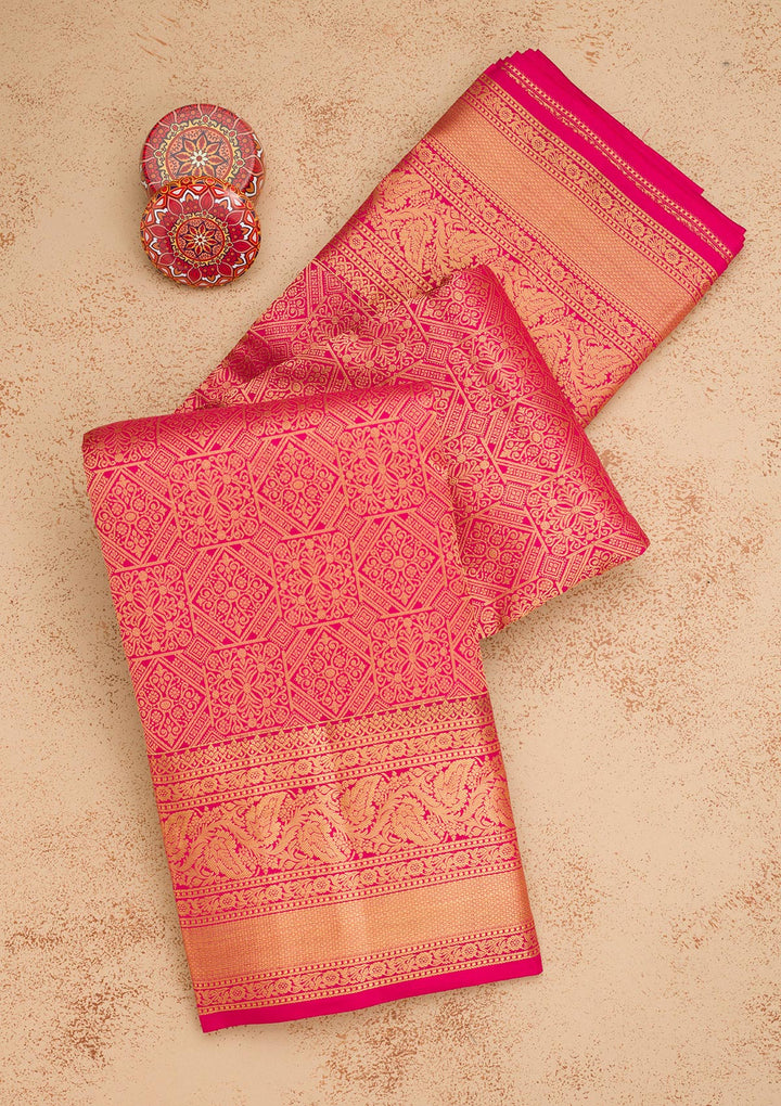 Rani Pink Silk Jaal Gold Zariwork Saree With Matching Blouse Piece