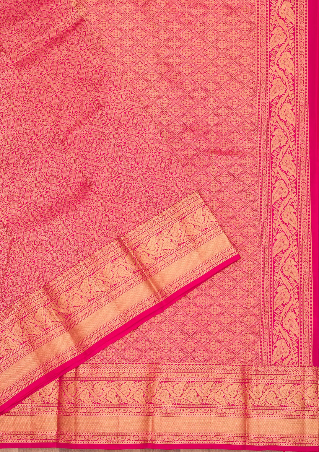 Rani Pink Silk Jaal Gold Zariwork Saree With Matching Blouse Piece