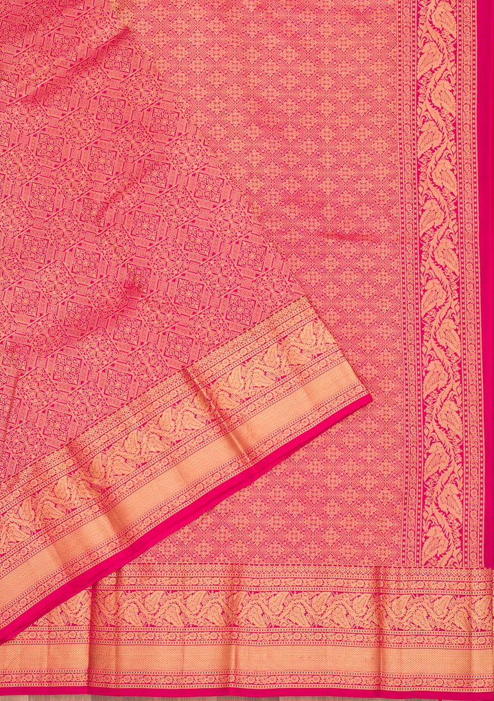 Rani Pink Silk Jaal Gold Zariwork Saree With Matching Blouse Piece