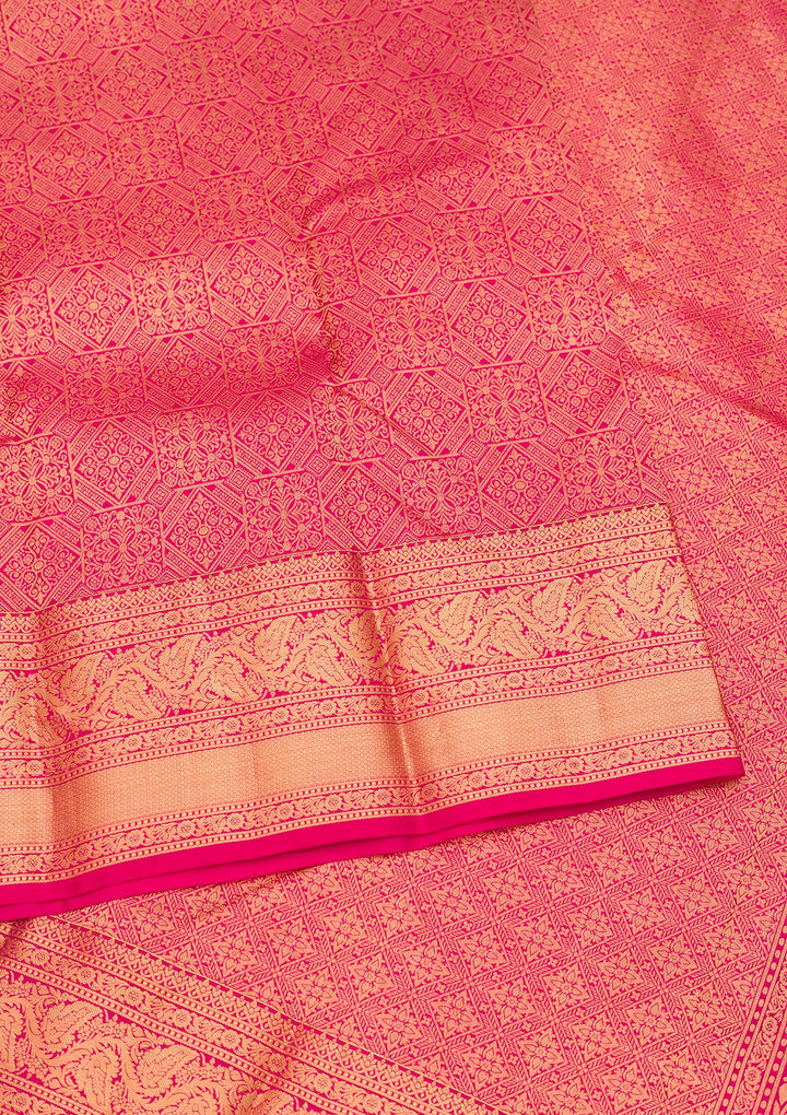 Rani Pink Silk Jaal Gold Zariwork Saree With Matching Blouse Piece