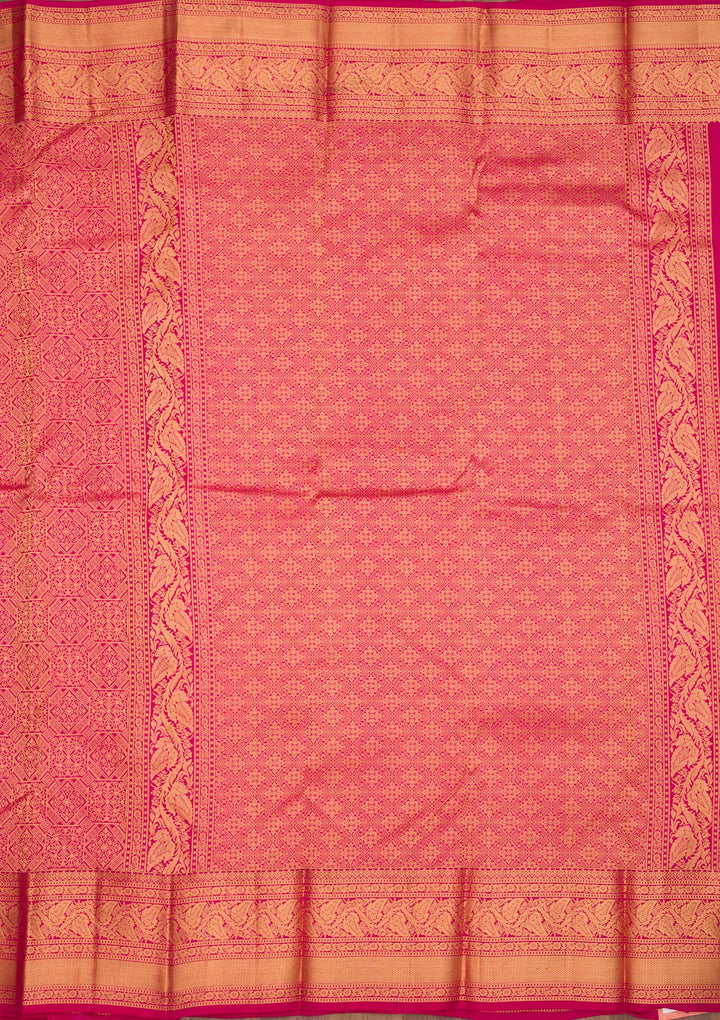 Rani Pink Silk Jaal Gold Zariwork Saree With Matching Blouse Piece