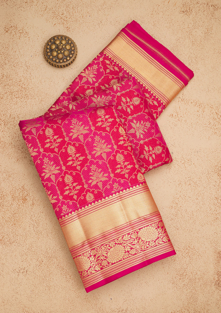 Rani Pink Silk Jaal Gold Zariwork Saree With Matching Blouse Piece