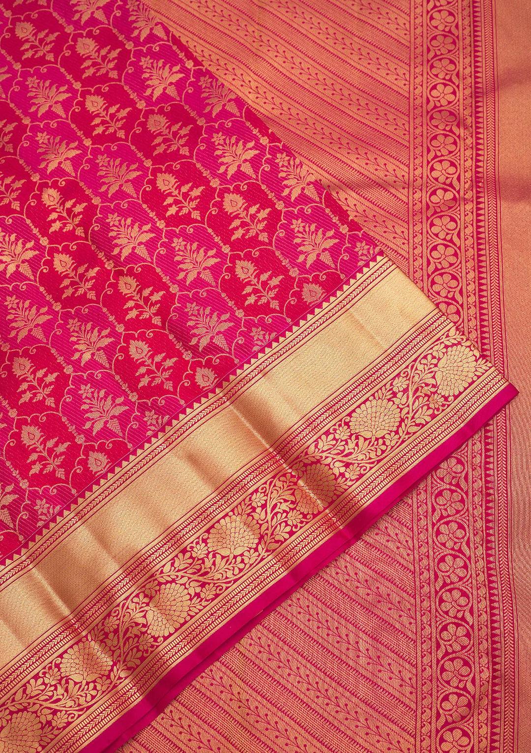 Rani Pink Silk Jaal Gold Zariwork Saree With Matching Blouse Piece