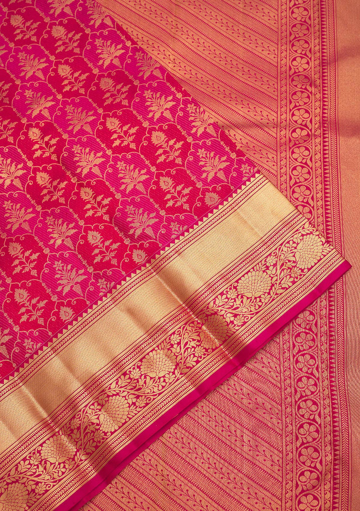 Rani Pink Silk Jaal Gold Zariwork Saree With Matching Blouse Piece