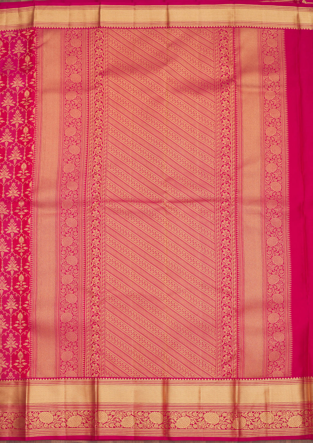 Rani Pink Silk Jaal Gold Zariwork Saree With Matching Blouse Piece