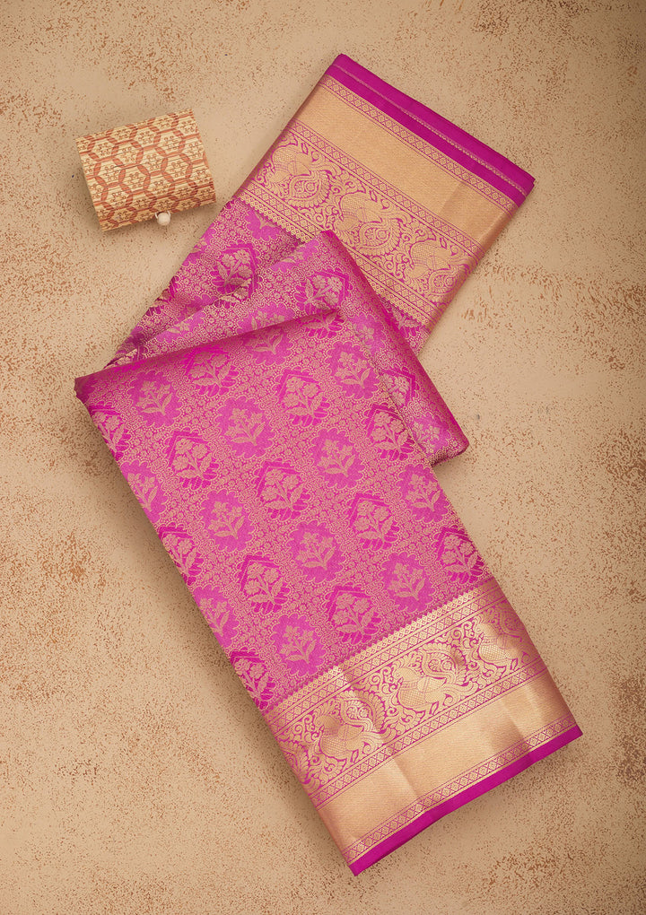 Rani Pink Silk Jaal Gold Zariwork Saree With Matching Blouse Piece