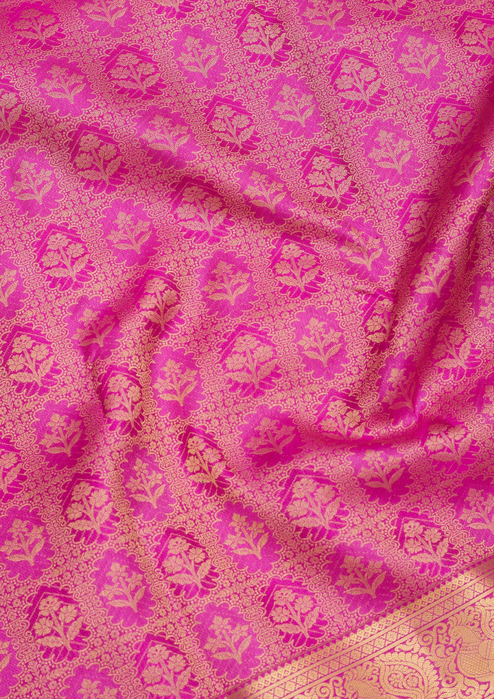 Rani Pink Silk Jaal Gold Zariwork Saree With Matching Blouse Piece