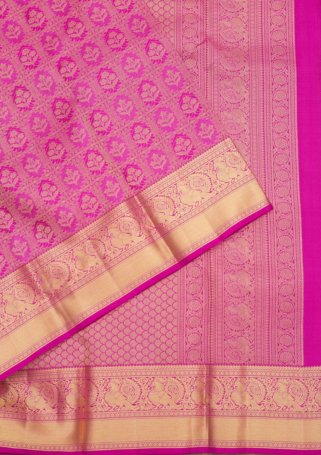 Rani Pink Silk Jaal Gold Zariwork Saree With Matching Blouse Piece