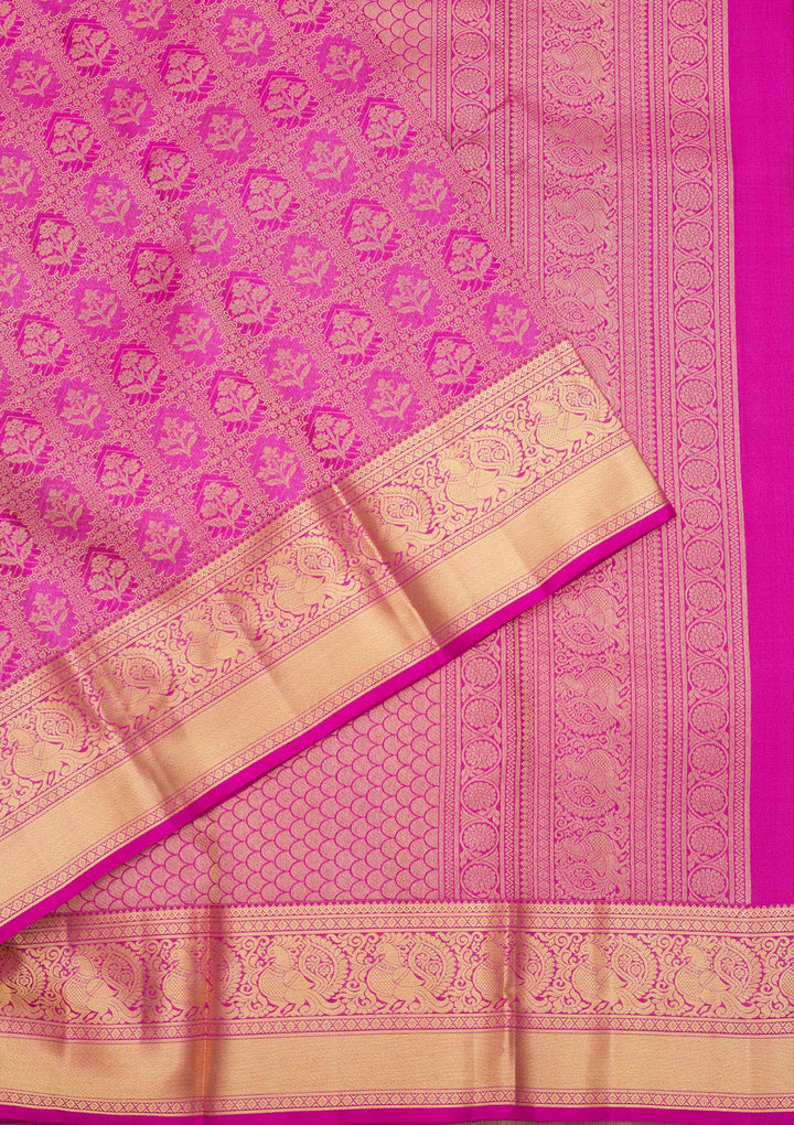 Rani Pink Silk Jaal Gold Zariwork Saree With Matching Blouse Piece