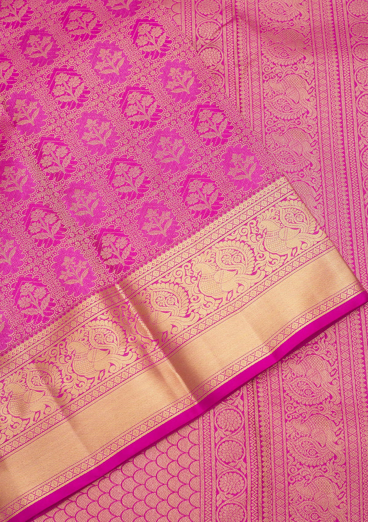 Rani Pink Silk Jaal Gold Zariwork Saree With Matching Blouse Piece