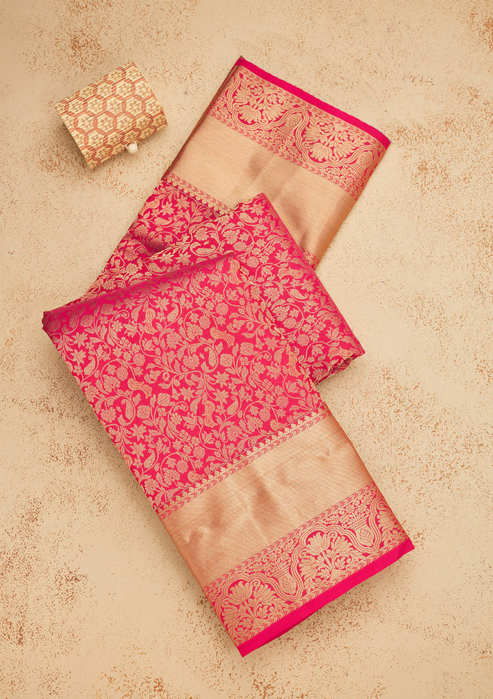 Rani Pink Pure Silk Jaal Zariwork Saree With Matching Blouse Piece
