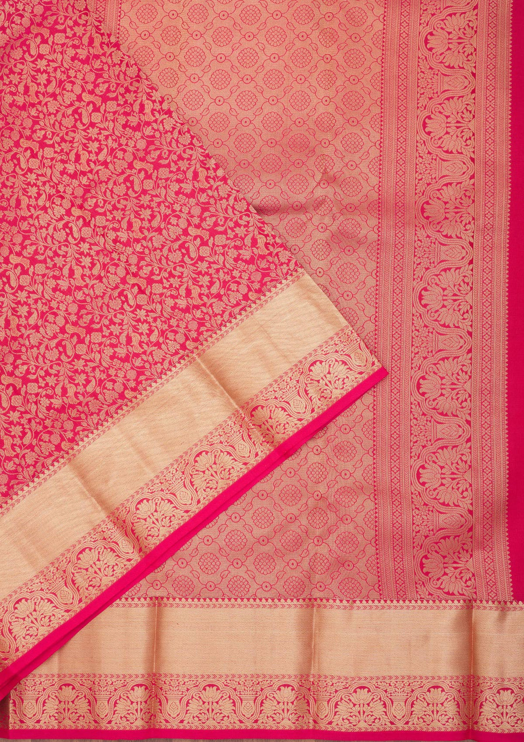 Rani Pink Pure Silk Jaal Zariwork Saree With Matching Blouse Piece