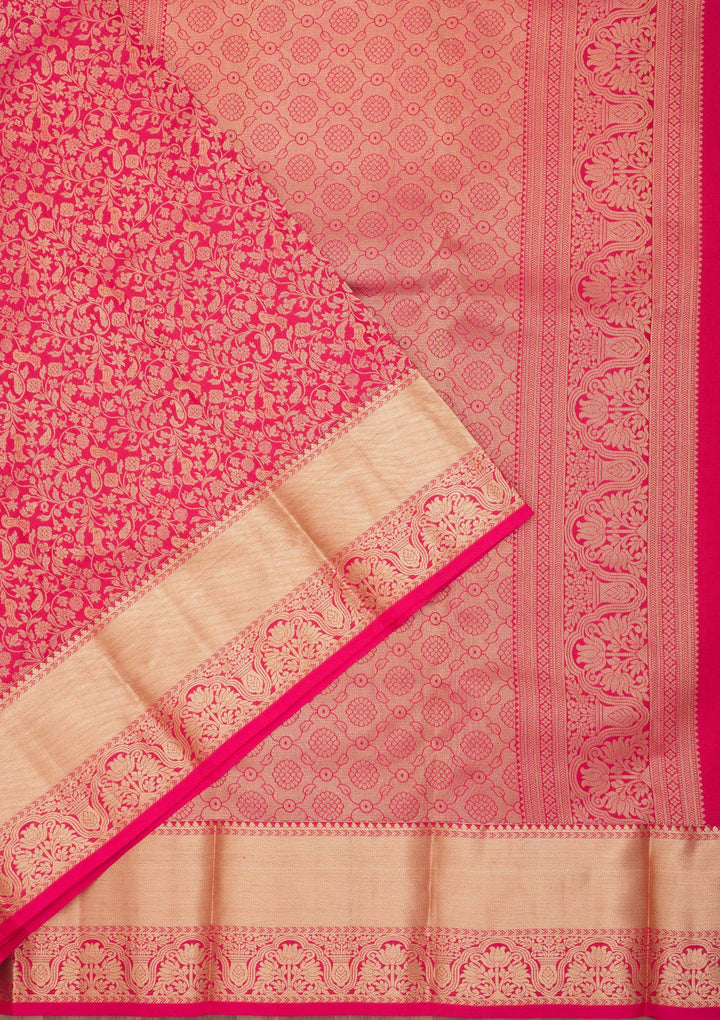 Rani Pink Pure Silk Jaal Zariwork Saree With Matching Blouse Piece