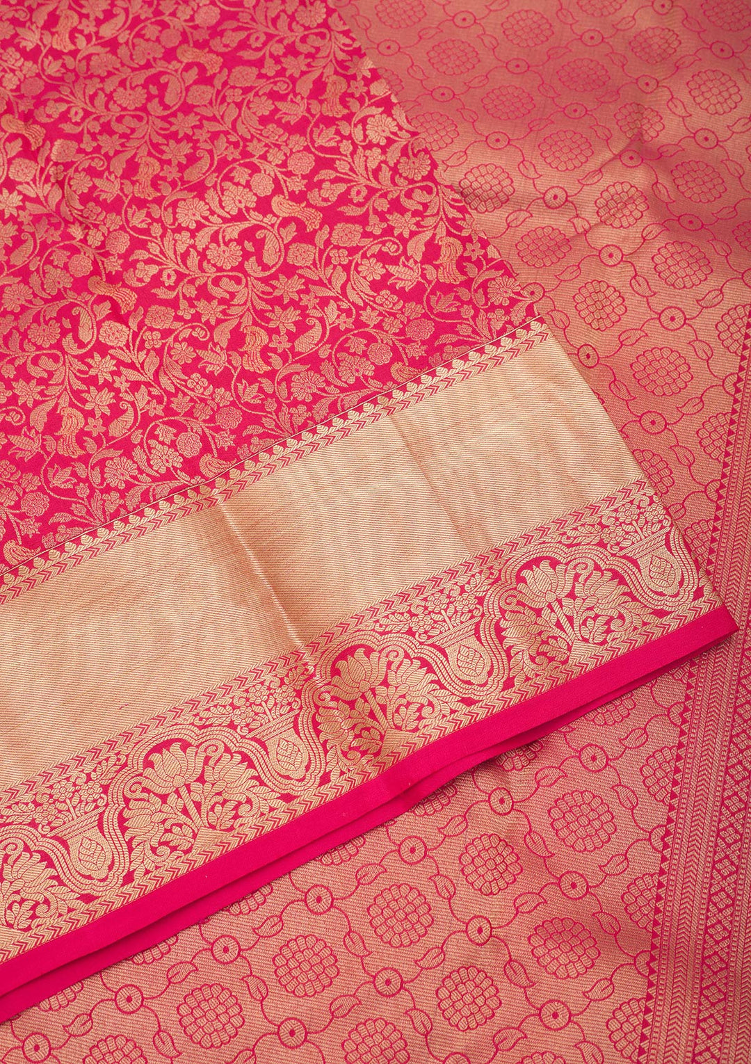 Rani Pink Pure Silk Jaal Zariwork Saree With Matching Blouse Piece
