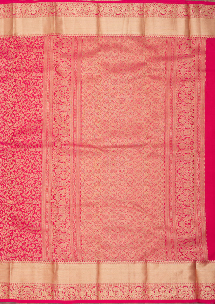 Rani Pink Pure Silk Jaal Zariwork Saree With Matching Blouse Piece