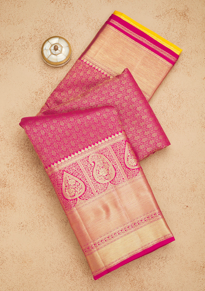 Rani Pink Silk Jaal Gold Zariwork Saree With Matching Blouse Piece