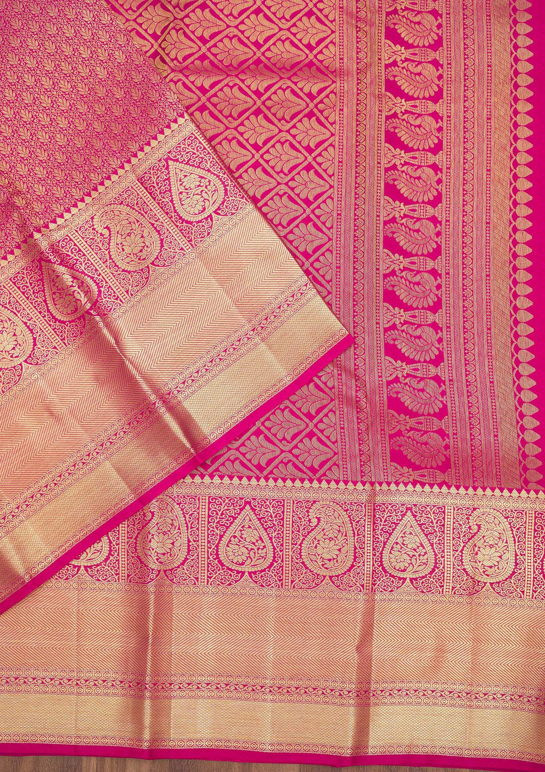 Rani Pink Silk Jaal Gold Zariwork Saree With Matching Blouse Piece