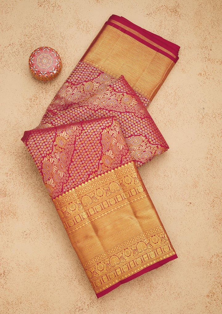 Rani Pink Silk Jaal Gold Zariwork Saree With Matching Blouse Piece