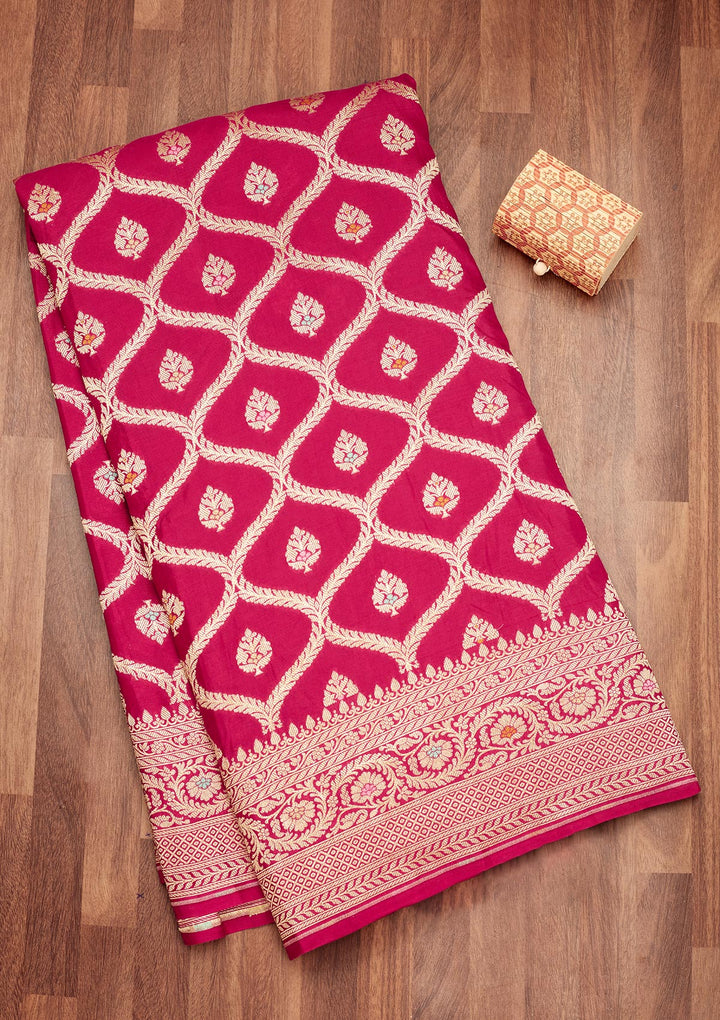 Rani Pink Crepe Jaal Gold Zariwork Saree With Matching Blouse Piece