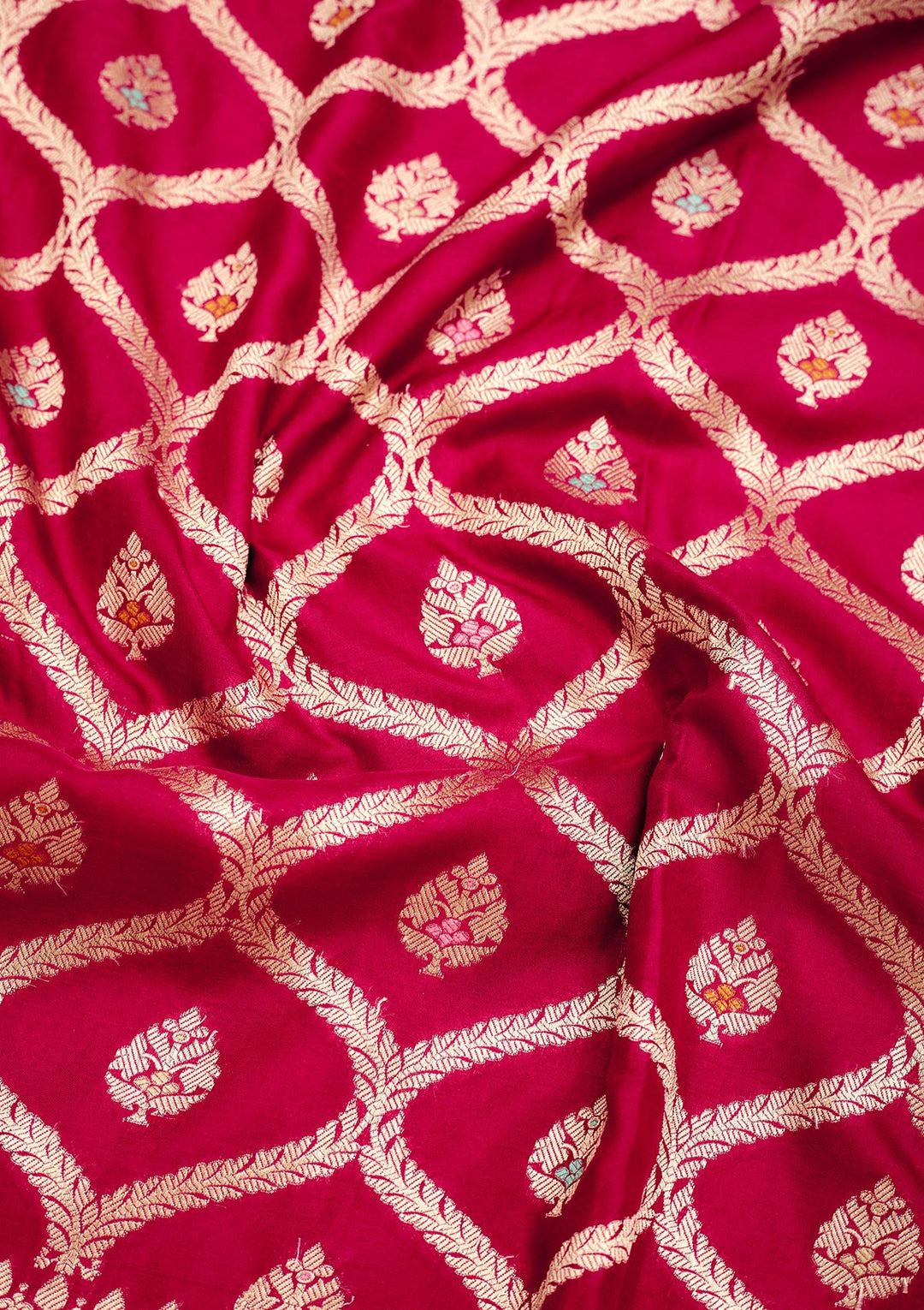 Rani Pink Crepe Jaal Gold Zariwork Saree With Matching Blouse Piece