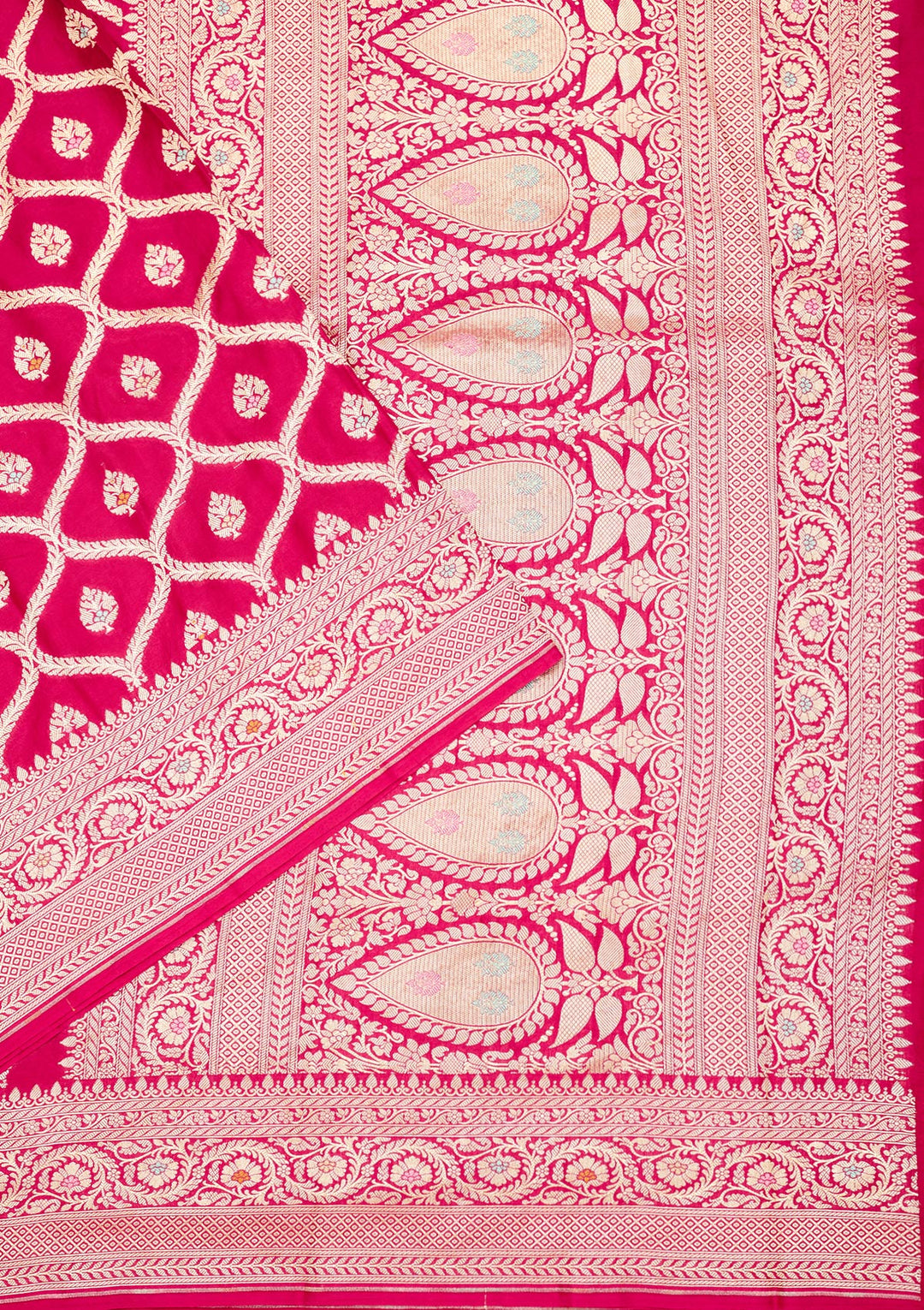 Rani Pink Crepe Jaal Gold Zariwork Saree With Matching Blouse Piece